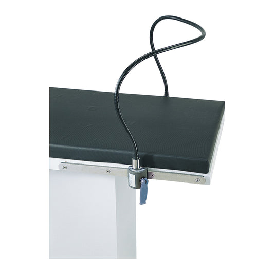 Allen Flexible Anesthesia Screen attached to an operating table edge, featuring a black flexible tube and metal clamp.
