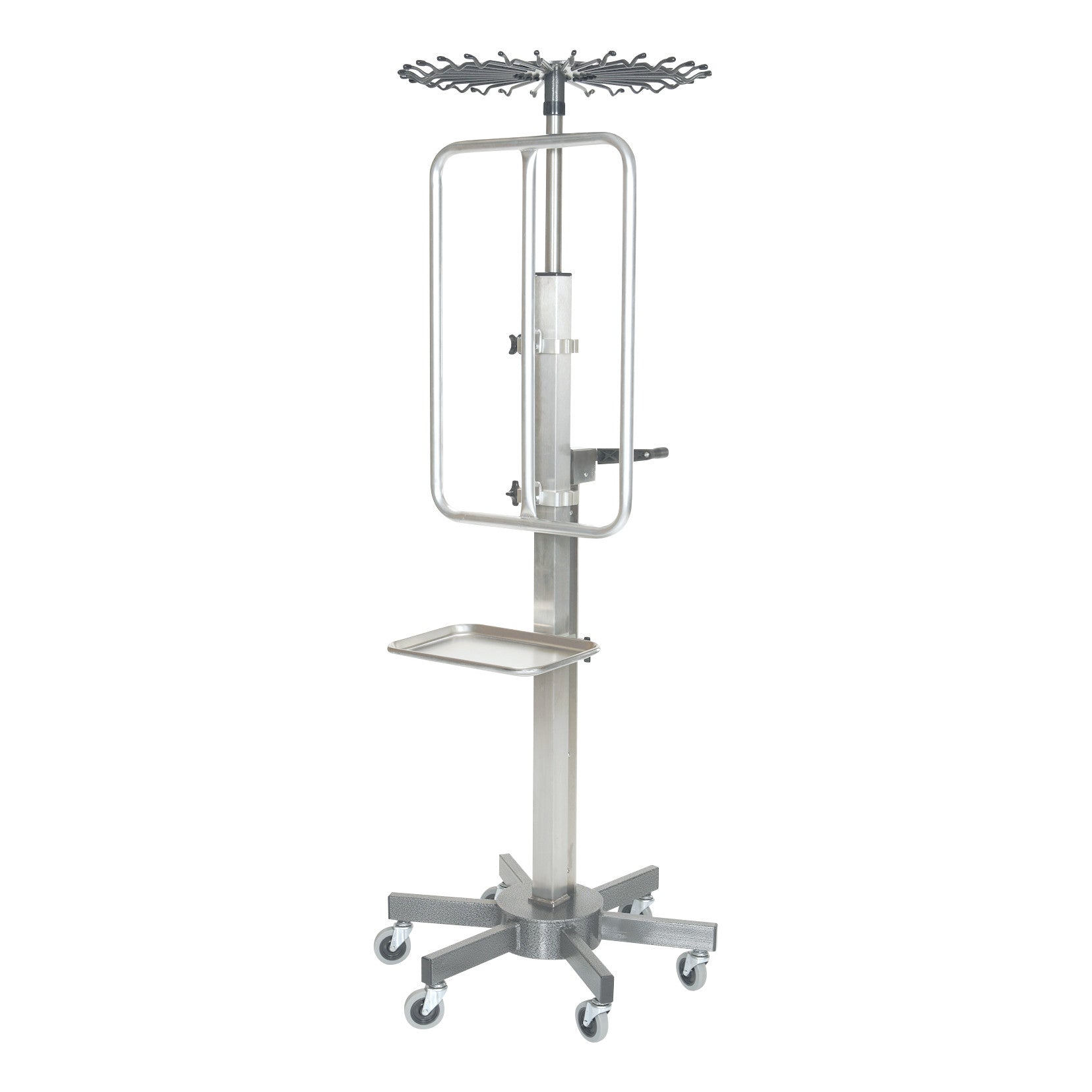 Lift Assist IV Pole with swivel casters, tray, and adjustable height mechanism, featuring a circular rack for IV bags.