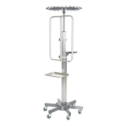 Lift Assist IV Pole with swivel casters, tray, and adjustable height mechanism, featuring a circular rack for IV bags.