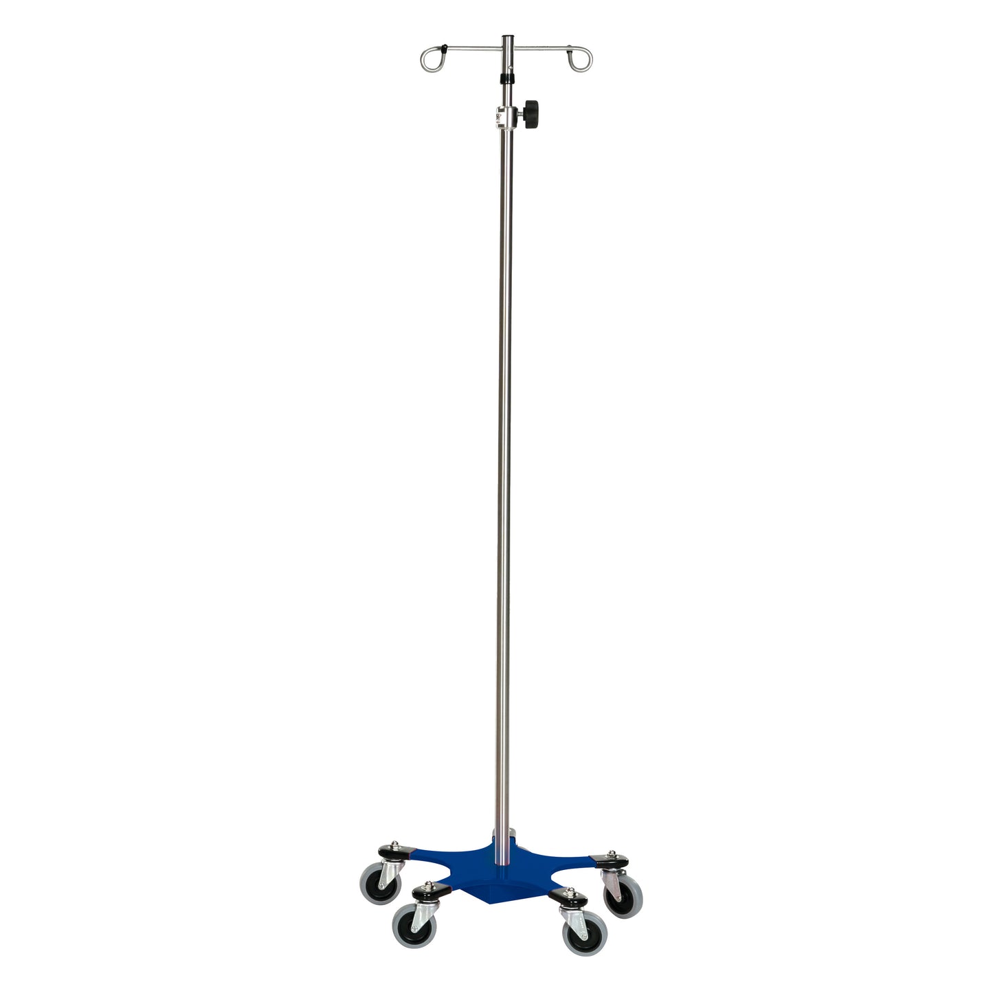 A Five-Leg Color-Coded Space-Saving IV Pole with hooks, featuring a blue base and casters for mobility.