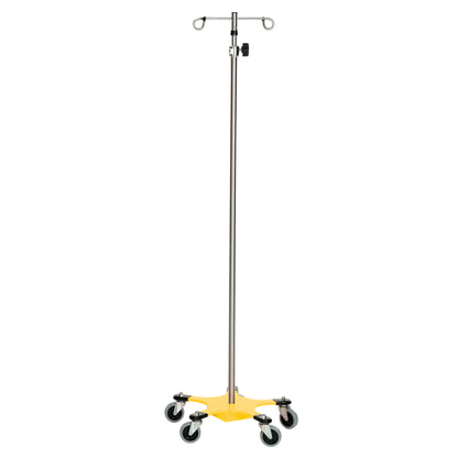 A Five-Leg Color-Coded Space-Saving IV Pole with a yellow base, steel pole, four hooks, and five caster wheels for mobility.