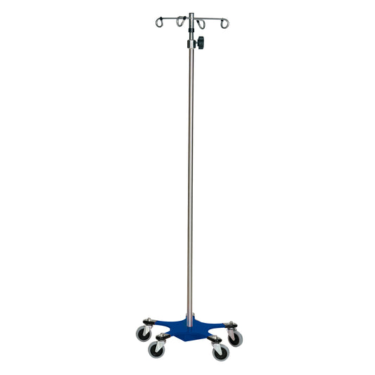 A Five-Leg Color-Coded Space-Saving IV Pole with a blue base and wheels, featuring multiple hooks on top for hanging IV bags.