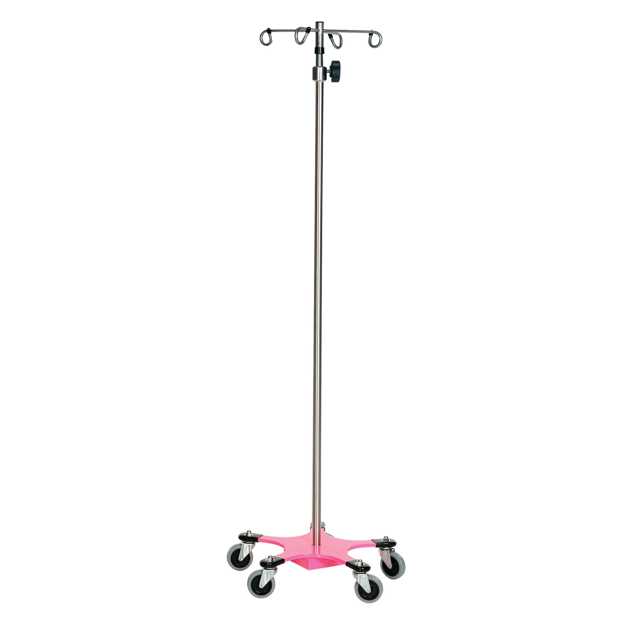 A Five-Leg Color-Coded Space-Saving IV Pole with a pink base and four hooks, featuring five caster wheels for mobility.