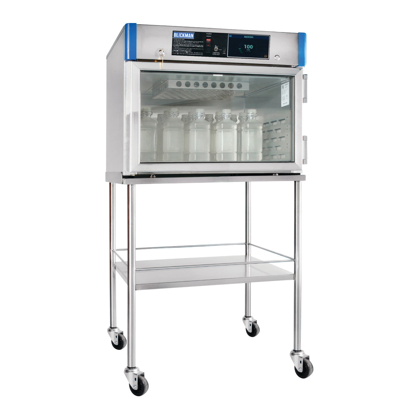 Mobile Stand for Blickman Warming Cabinet features a stainless steel frame with shelves and caster wheels for easy mobility.