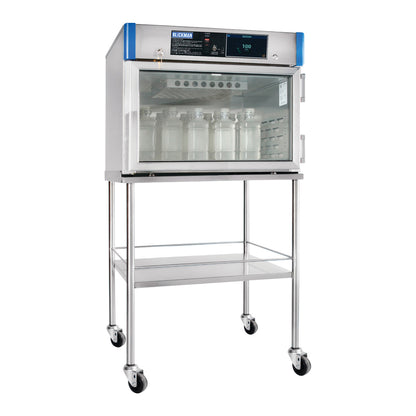 Mobile Stand for Blickman Warming Cabinet features a stainless steel frame with shelves and caster wheels for easy mobility.