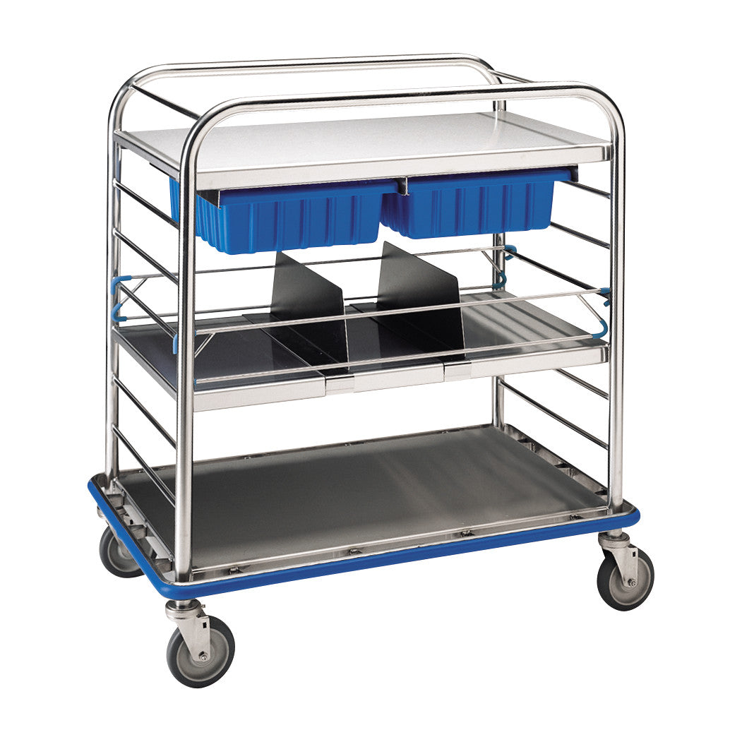 A Pedigo Distribution Cart with metal shelves, blue storage bins, and wheels for mobility. It's used for transporting items.