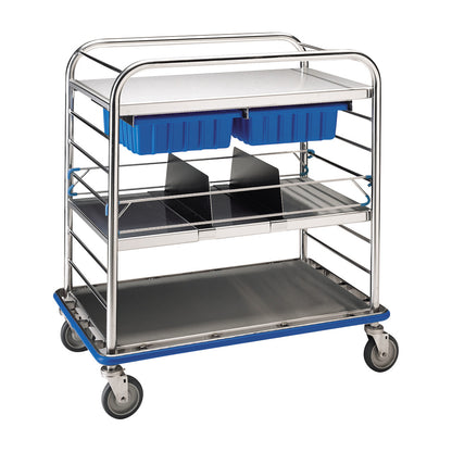 A Pedigo Distribution Cart with metal shelves, blue storage bins, and wheels for mobility. It's used for transporting items.