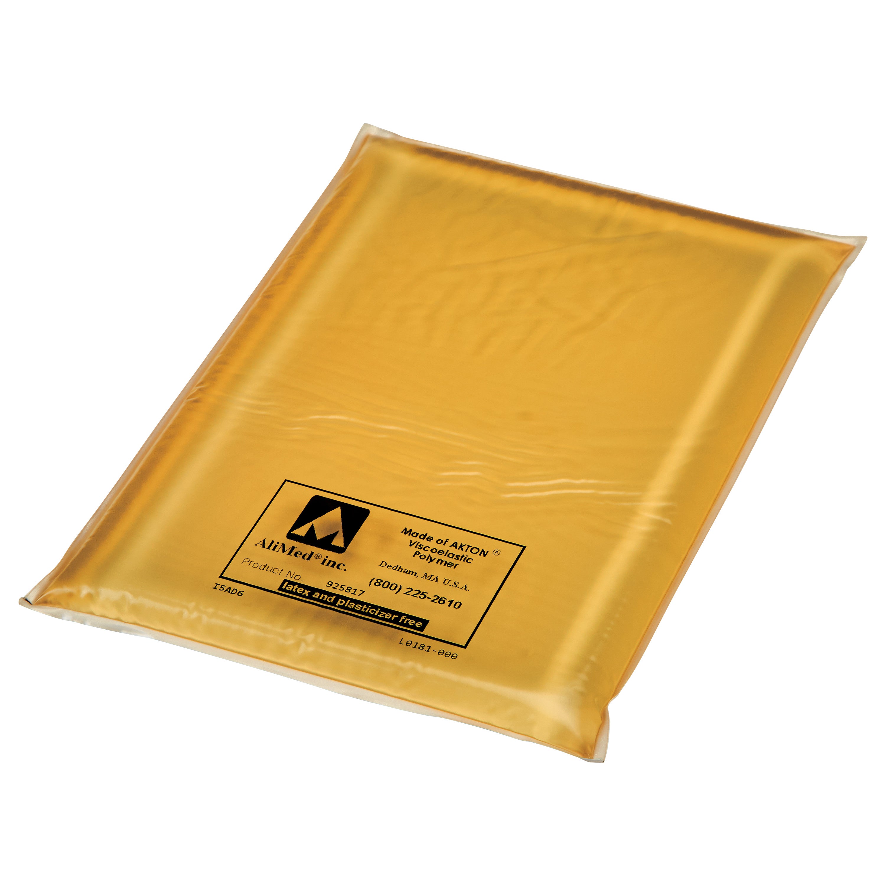 AliMed AliGel Fracture Table Hip Pad, a rectangular, translucent yellow pad with product details printed on its surface.