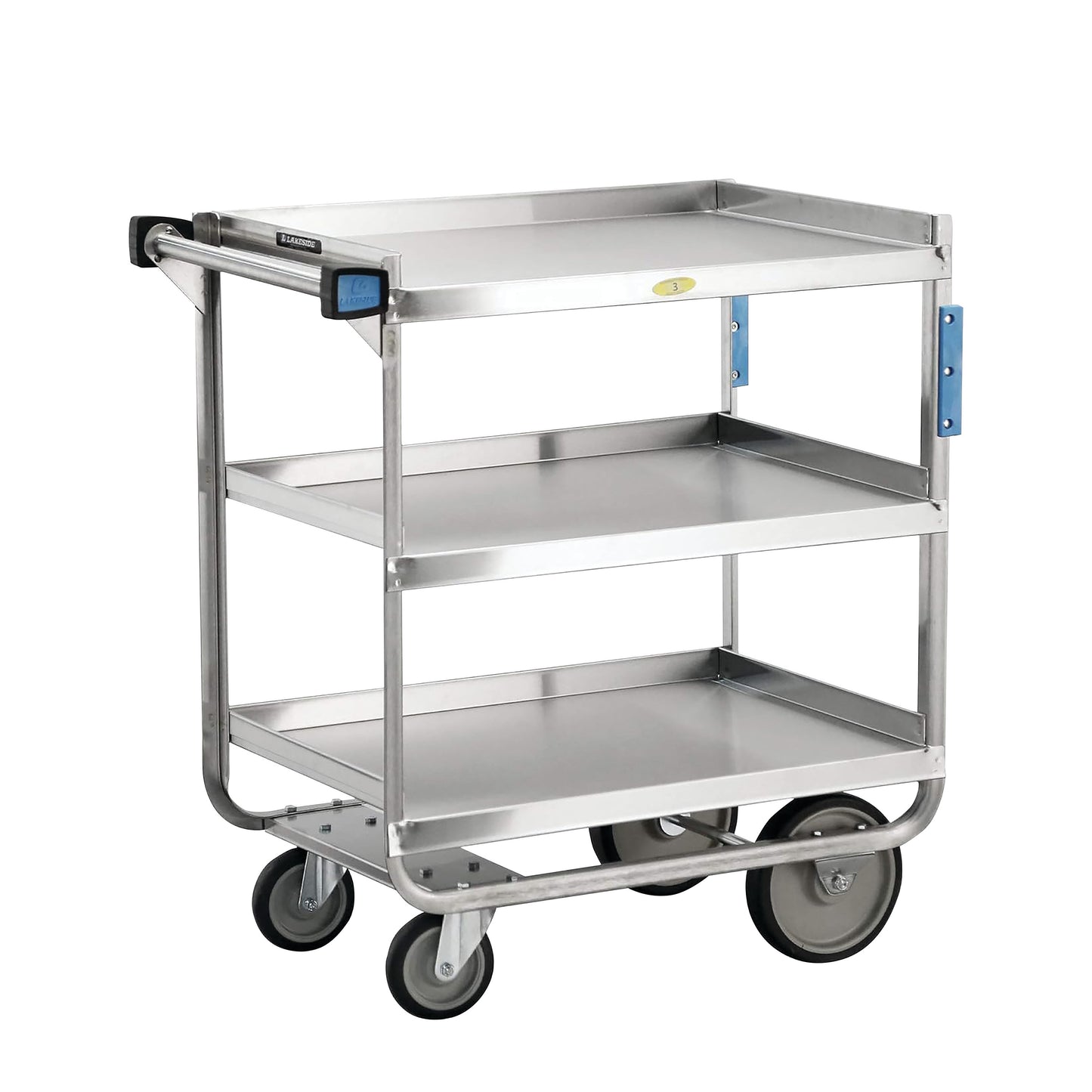 The Lakeside Heavy Duty Stainless Steel Utility Cart has three shelves and sturdy wheels for easy mobility and durability.