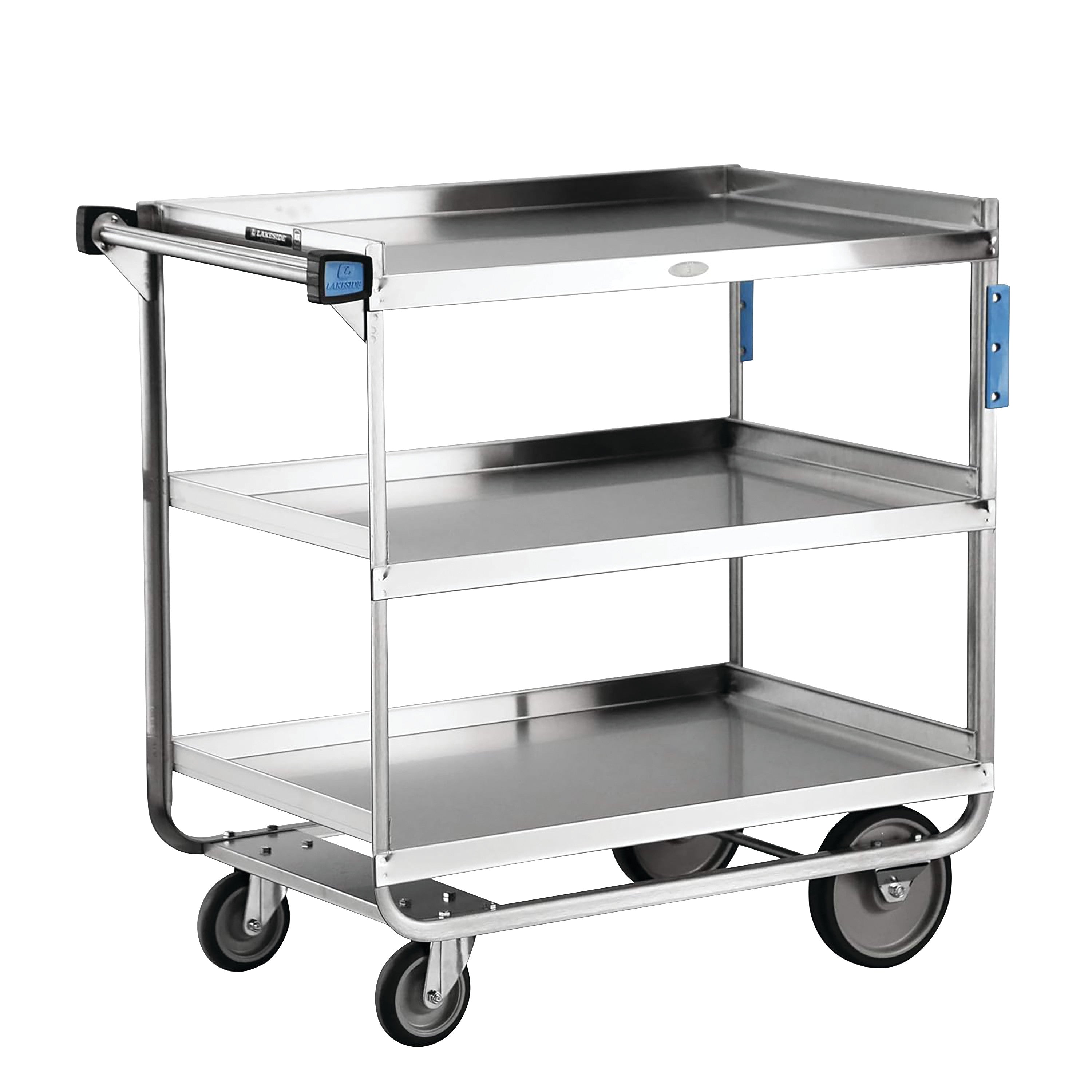 A Lakeside Heavy Duty Stainless Steel Utility Cart with three shelves and four wheels for easy mobility.