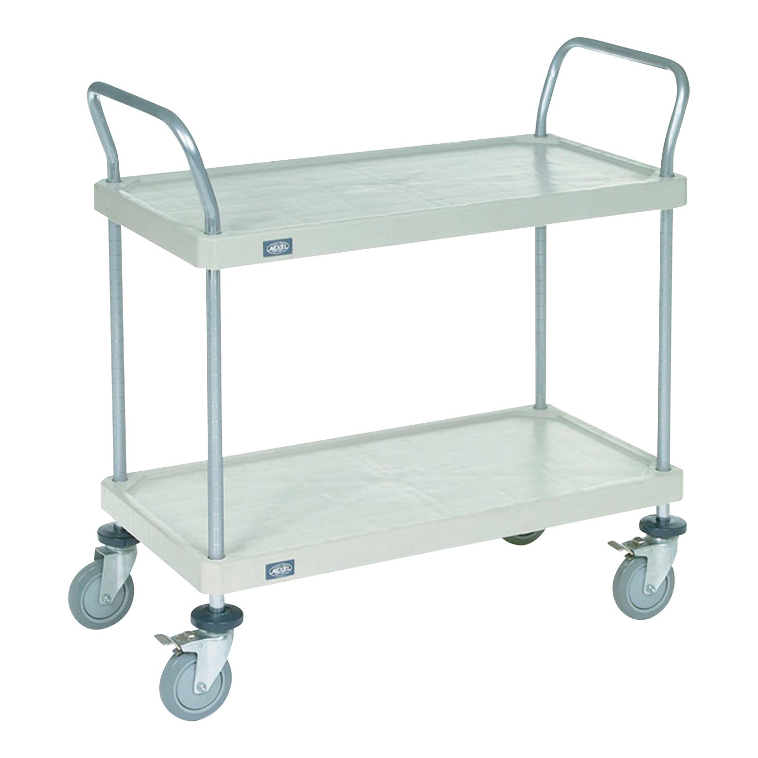 Nexel Solid Plastic Shelf Utility Cart with two shelves, four caster wheels, and metal handles on each end for easy maneuvering.