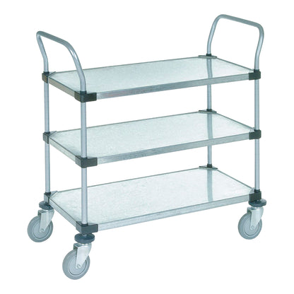 A Nexel Heavy Duty Stainless Steel Utility Cart with three shelves and four wheels for easy mobility.
