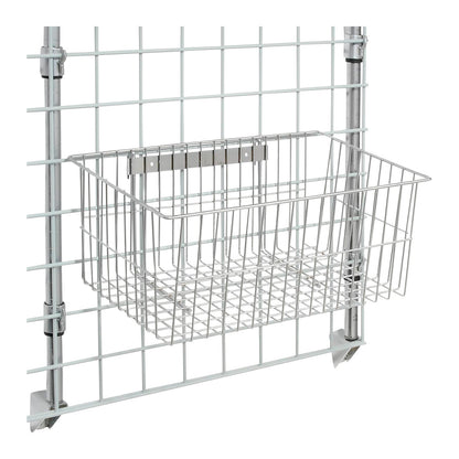 Nexel Utility Basket attached to a metal grid panel. The basket is made of silver wire with a rectangular shape.