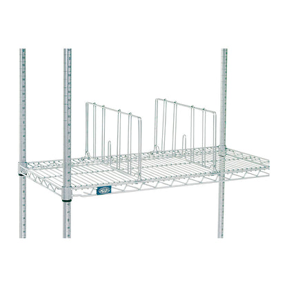 Nexel Chrome Shelf Divider on a metal wire shelf, supported by adjustable vertical poles.