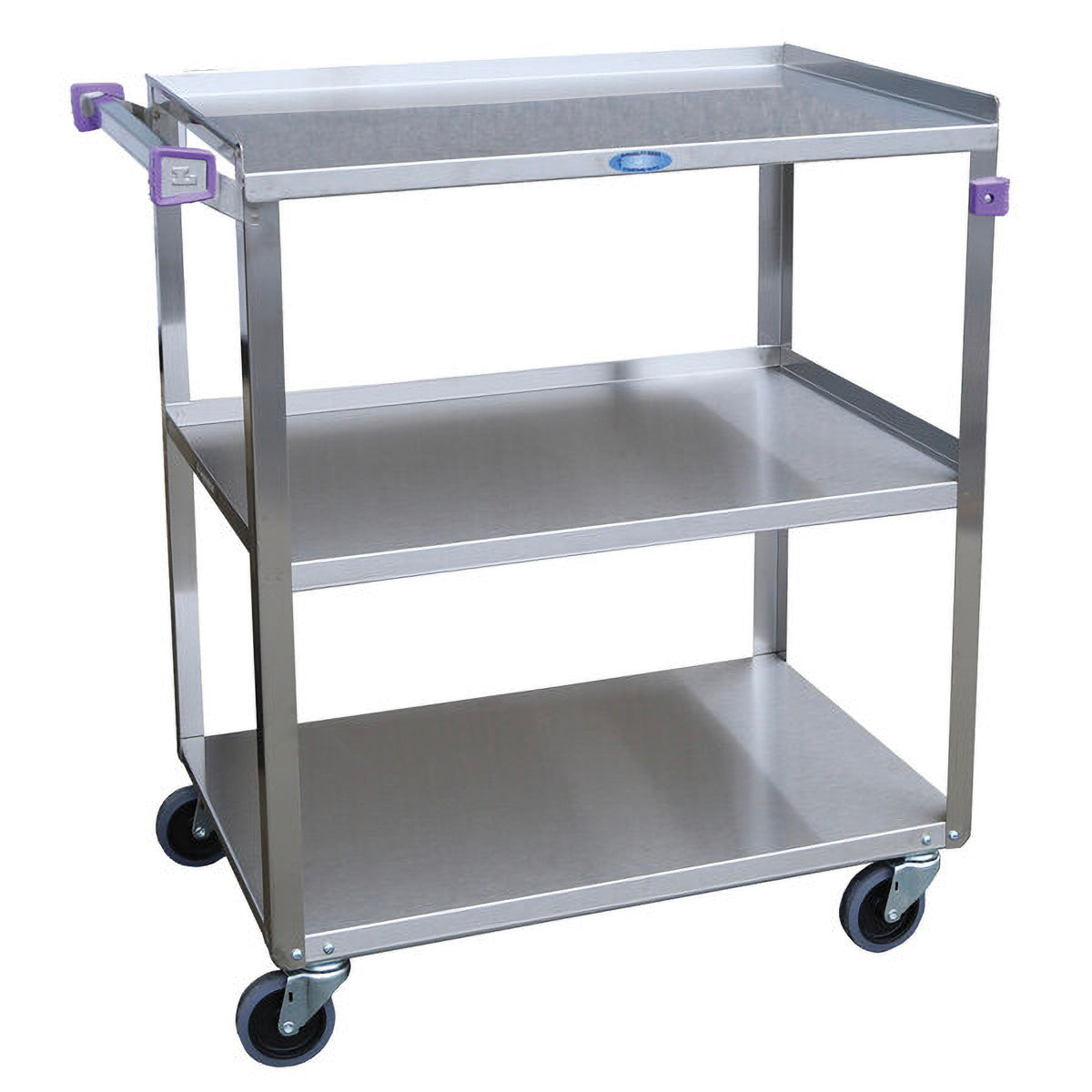 A Lakeside Medium Duty Stainless Steel Utility Cart with three shelves and four swivel casters for mobility.