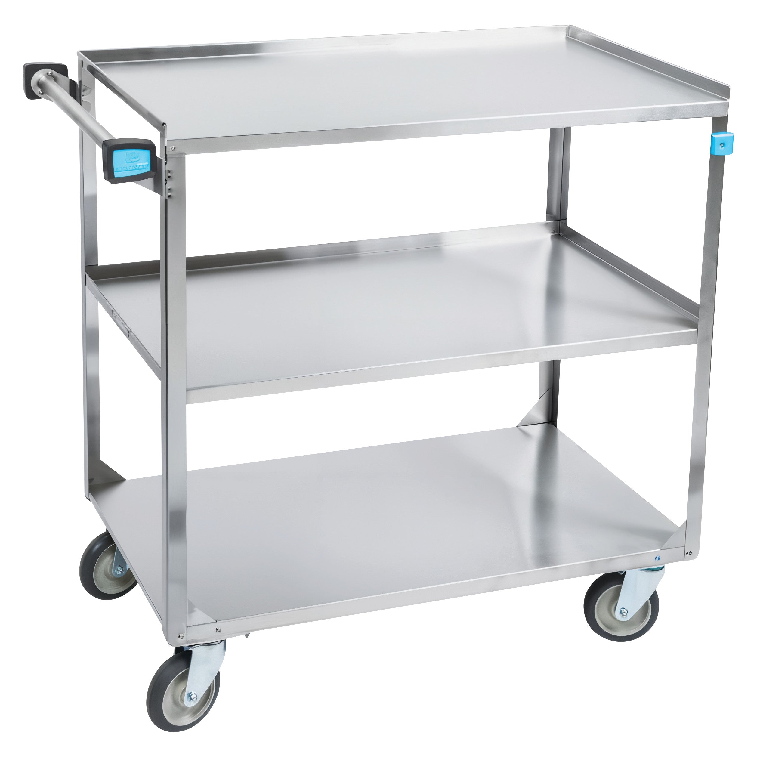 A Lakeside Medium Duty Stainless Steel Utility Cart with three shelves and four wheels, designed for easy transport.