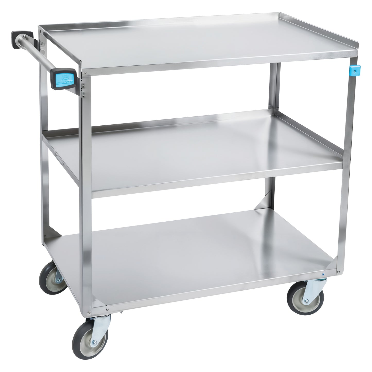 A Lakeside Medium Duty Stainless Steel Utility Cart with three shelves and four wheels, designed for easy transport.
