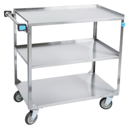 A Lakeside Medium Duty Stainless Steel Utility Cart with three shelves and four wheels, designed for easy transport.