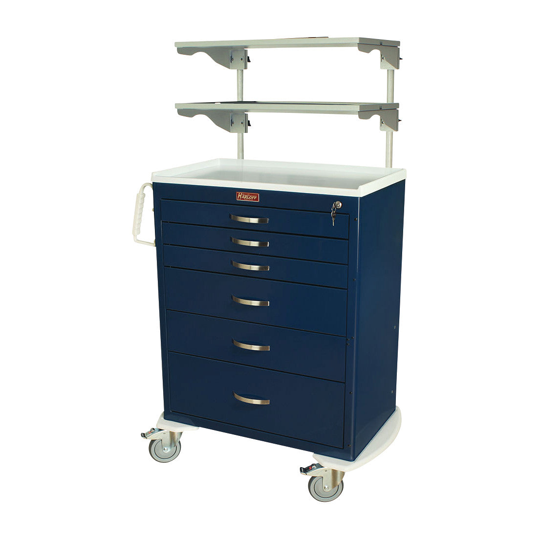 Blue Harloff medical cart with six drawers, caster wheels, and an Overhead Monitor Shelf with two adjustable levels on top.