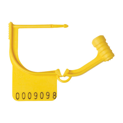 Yellow Harloff Emergency Cart Accessory, Breakaway Lock Plastic Seal for M-Series/Classic Line Carts, marked with "0009098".