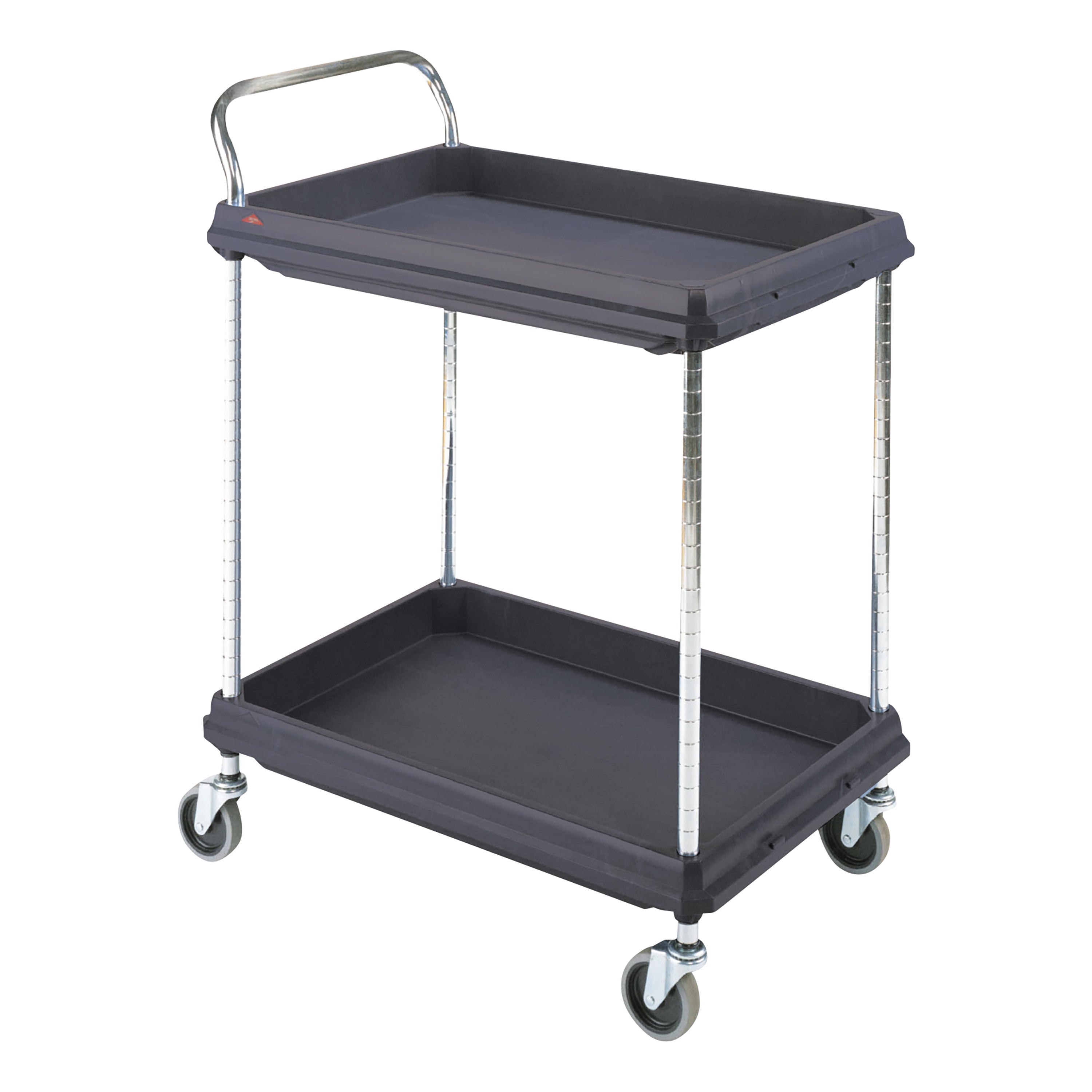 A Metro Deep Ledge Utility Cart with two black shelves, chrome poles, and four swivel casters, featuring a push handle.