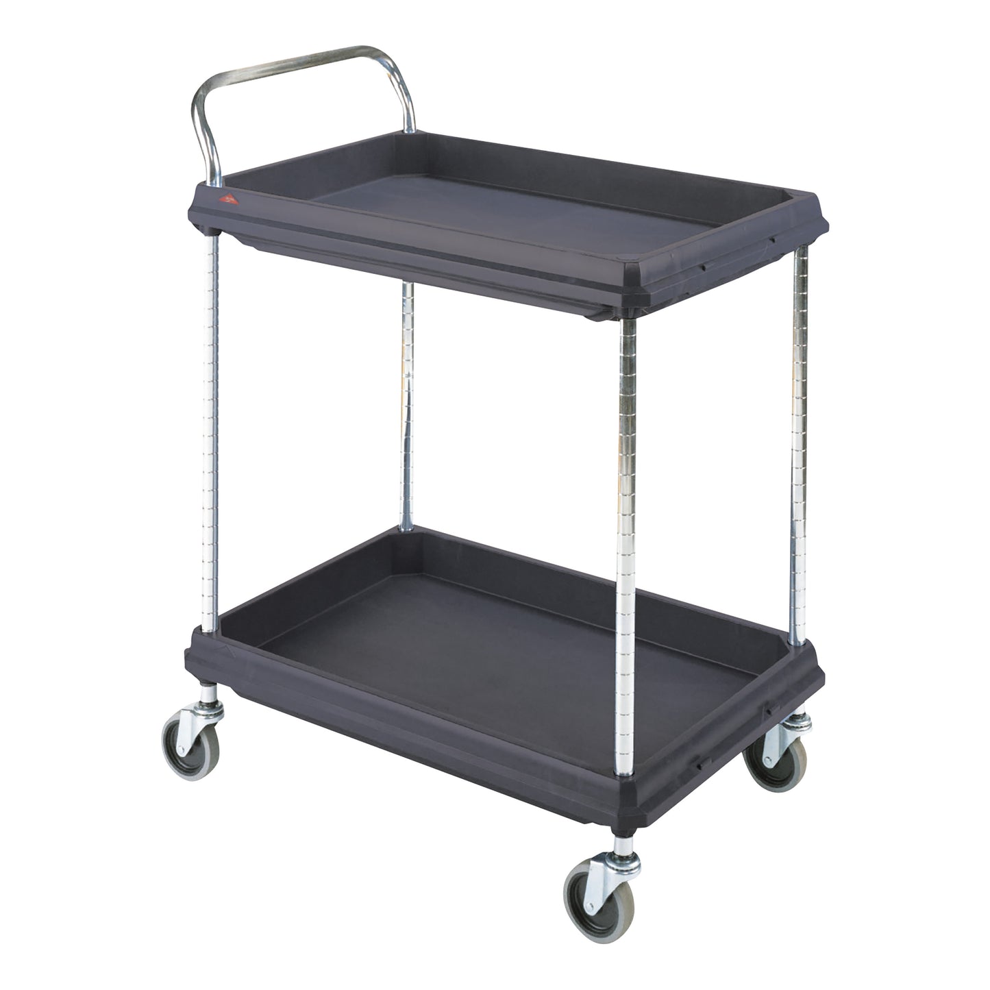 A Metro Deep Ledge Utility Cart with two black shelves, chrome poles, and four swivel casters, featuring a push handle.