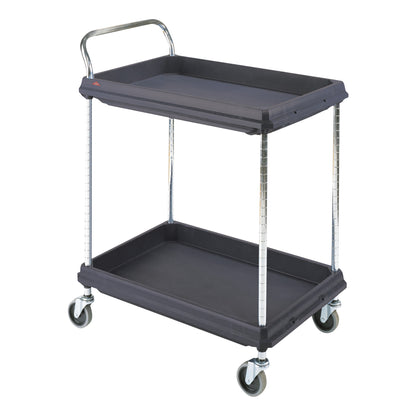 A Metro Deep Ledge Utility Cart with two black shelves, chrome poles, and four swivel casters, featuring a push handle.