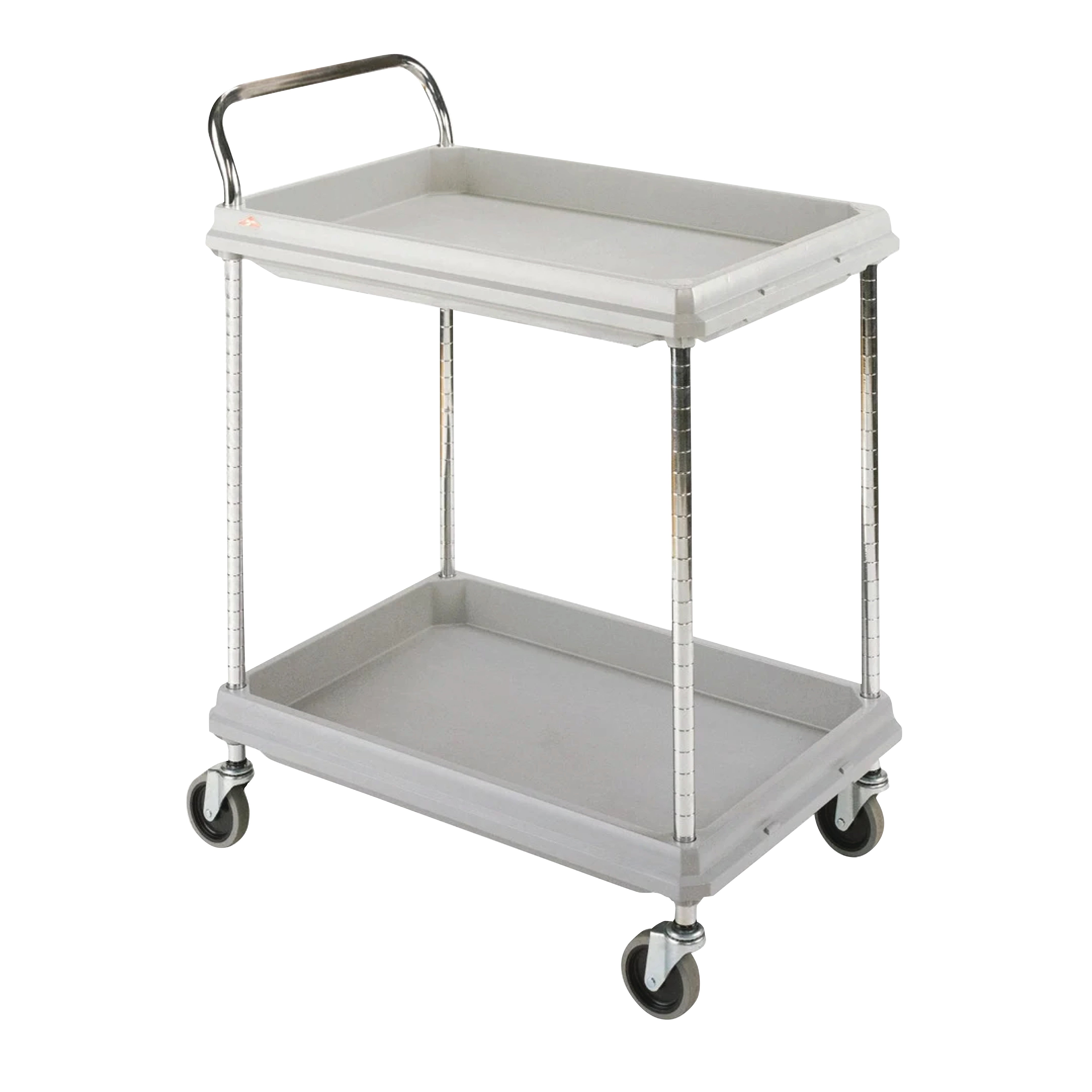 A Metro Deep Ledge Utility Cart with two gray shelves, chrome handles, and swivel casters for easy maneuvering.