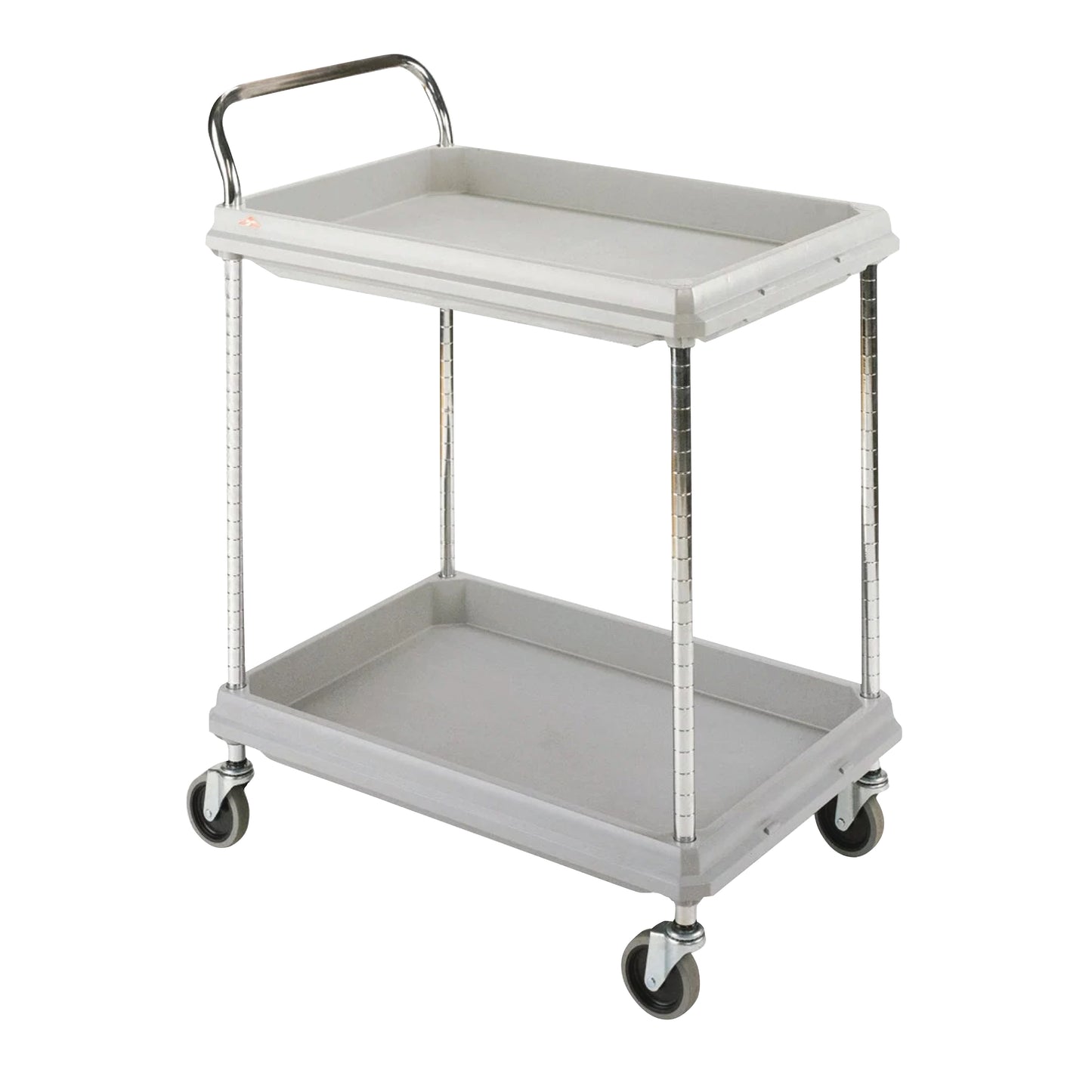 A Metro Deep Ledge Utility Cart with two gray shelves, chrome handles, and swivel casters for easy maneuvering.