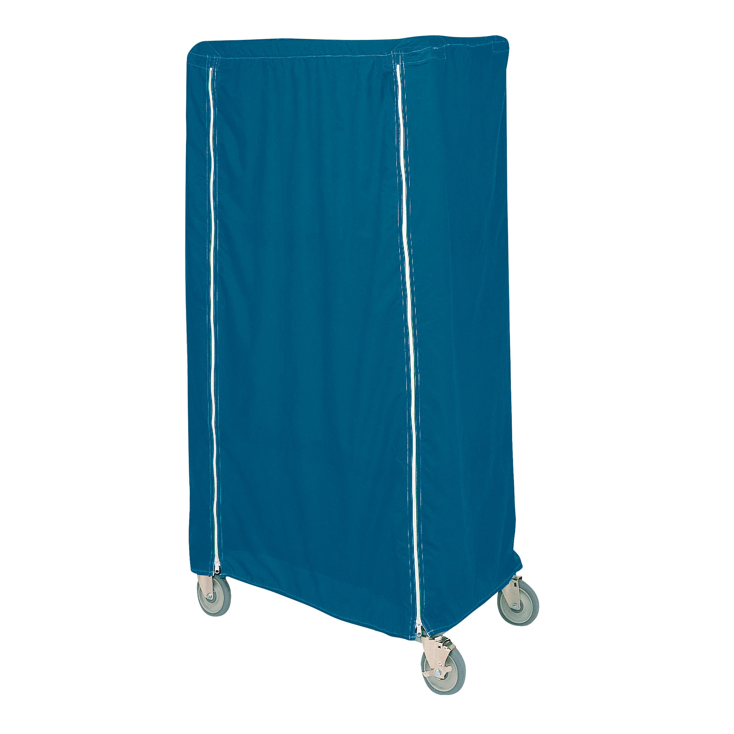 A blue Metro Waterproof Cart Cover on a wheeled cart, with vertical zippers on the front for access.