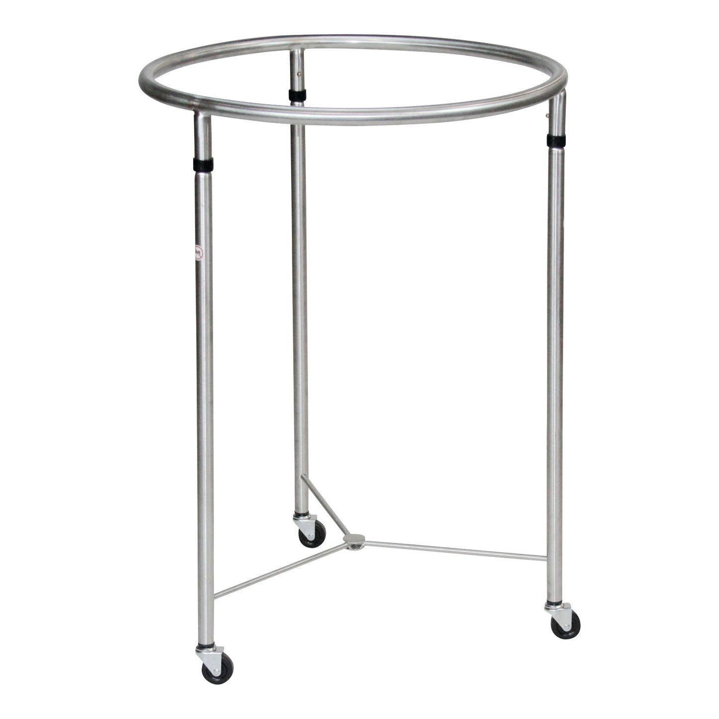 Blickman Open Round Hamper with a circular metal frame and three legs on wheels for mobility.