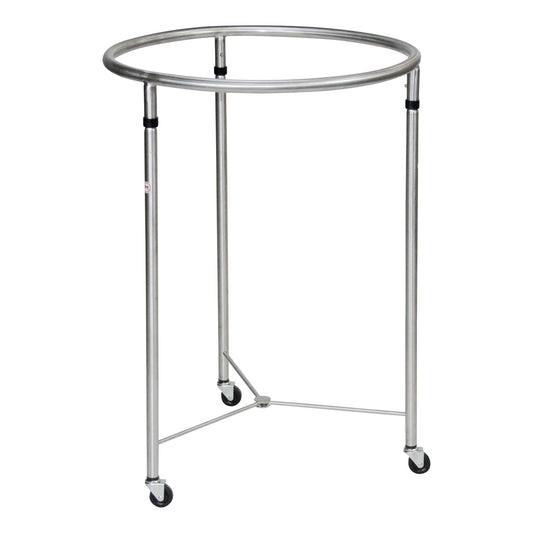 Blickman Open Round Hamper with a circular metal frame and three legs on wheels for mobility.