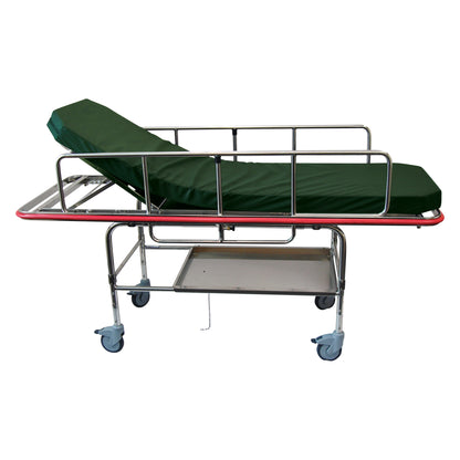 MRI Bariatric Transport Stretcher with green mattress, metal frame, side rails, and wheels, designed for patient transport.