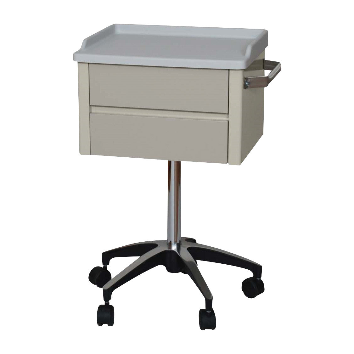 UMF Mobile Special Procedures Cart with two drawers, a tray top, and a chrome base on five caster wheels.
