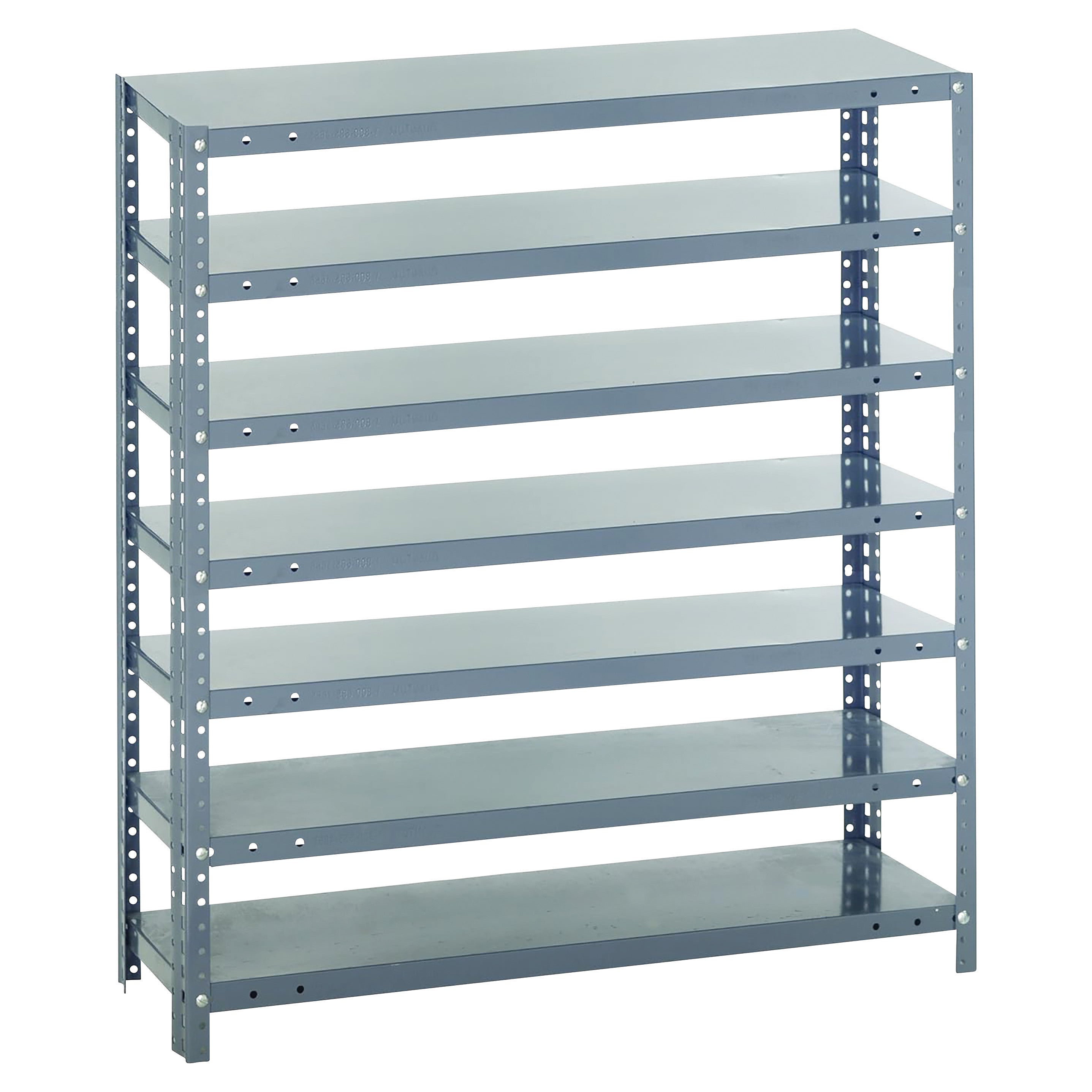 Gray metal six-tier Quantum Economical Shelving Unit with adjustable shelves. Suitable for storage and organization.