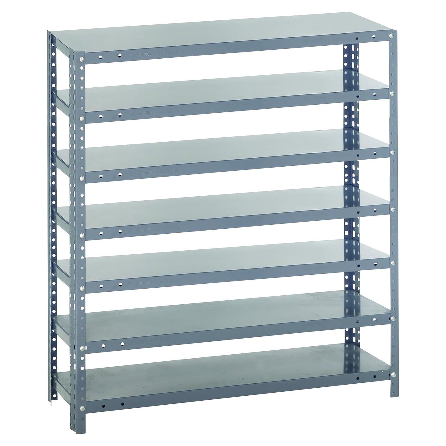 Gray metal six-tier Quantum Economical Shelving Unit with adjustable shelves. Suitable for storage and organization.