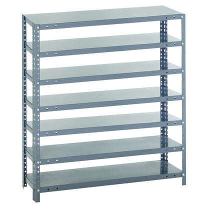 Gray metal six-tier Quantum Economical Shelving Unit with adjustable shelves. Suitable for storage and organization.
