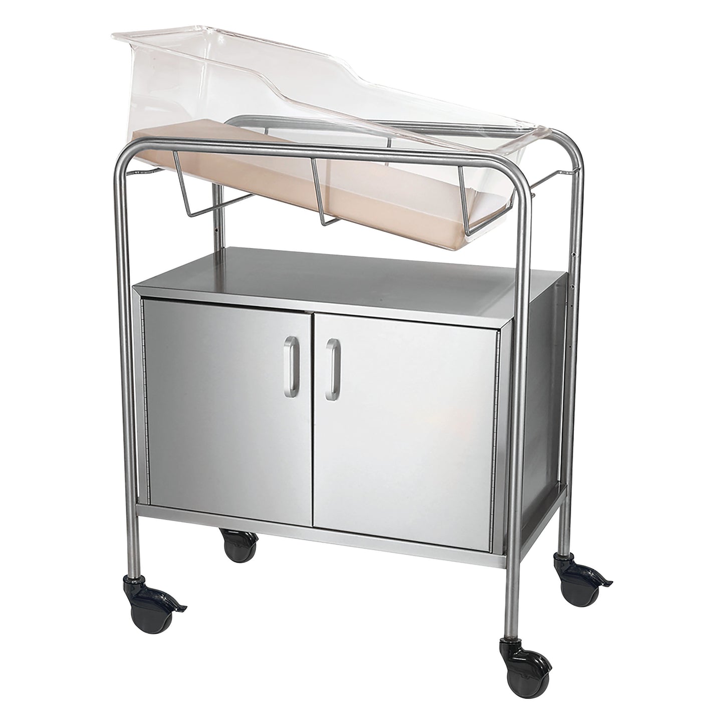 Novum Medical Bassinet with Closed Cabinet features a transparent bassinet and a metal cabinet with wheels for mobility.