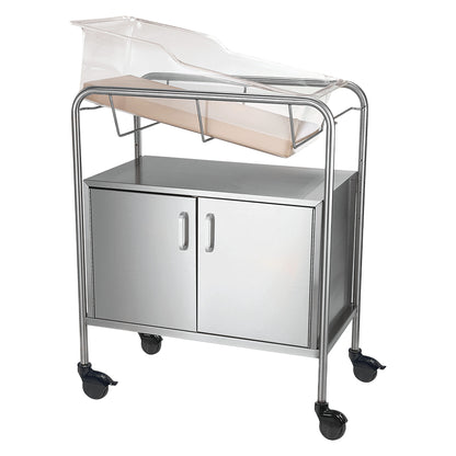 Novum Medical Bassinet with Closed Cabinet features a transparent bassinet and a metal cabinet with wheels for mobility.