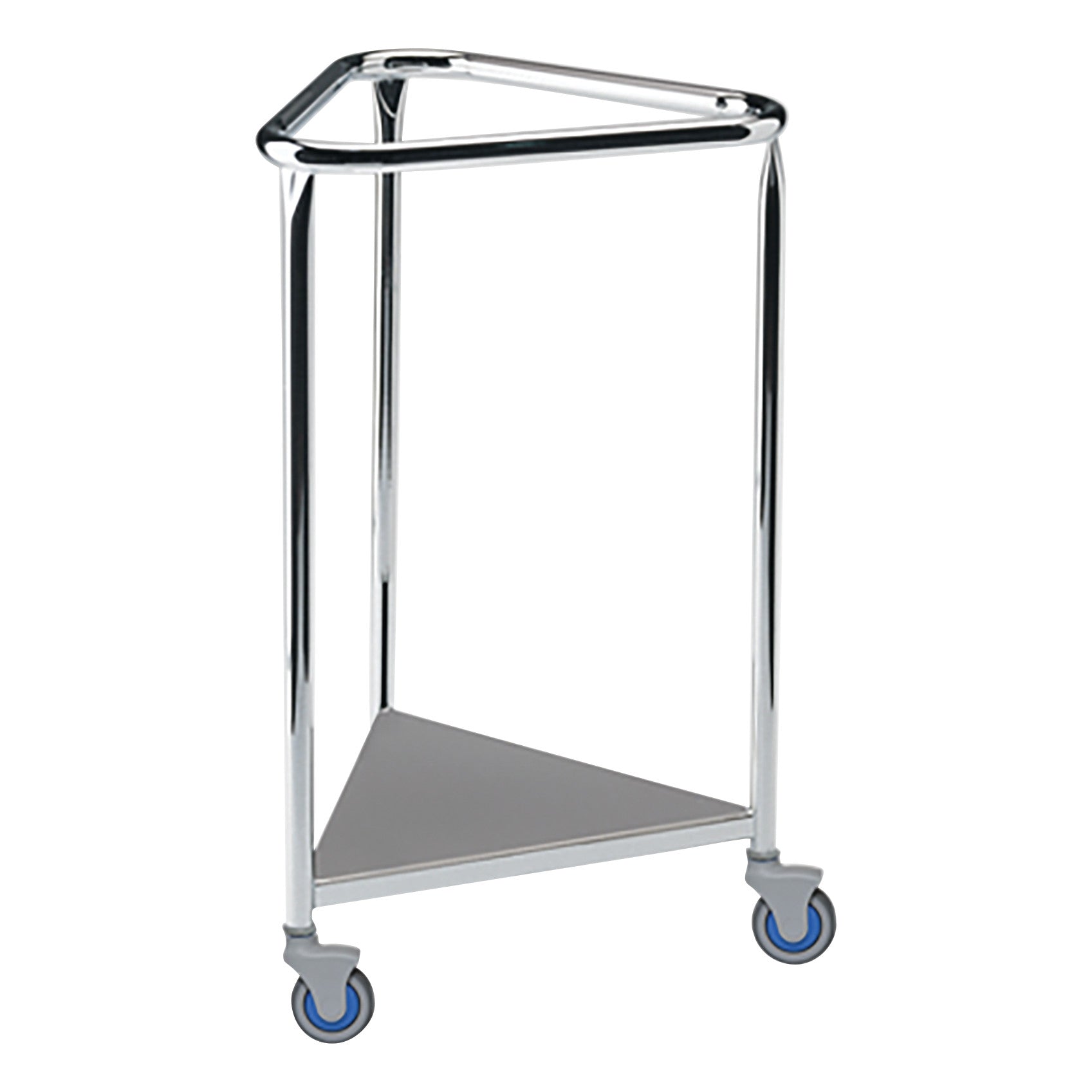 A silver metallic triangular Pedigo Hamper with three caster wheels, designed for easy mobility.