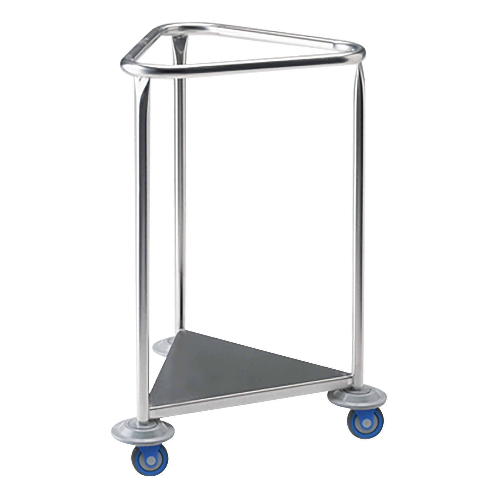 Triangular Pedigo Hamper with stainless steel frame and three blue caster wheels. Designed for easy mobility and handling.