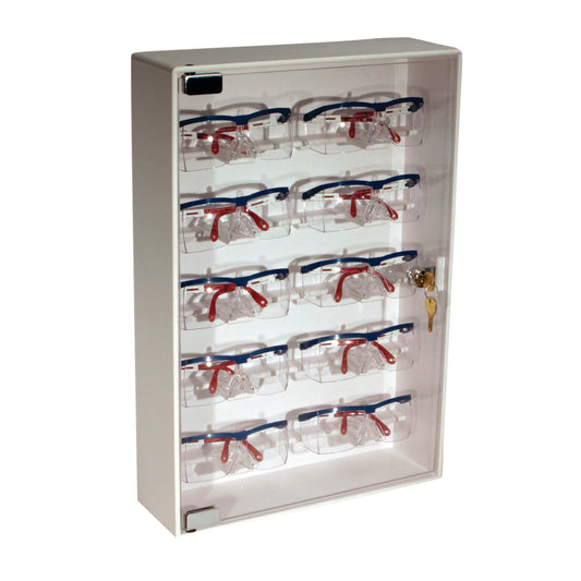 A white Safety Glasses Cabinet with a clear door holds nine pairs of safety glasses. It features a lock and key on the right side.