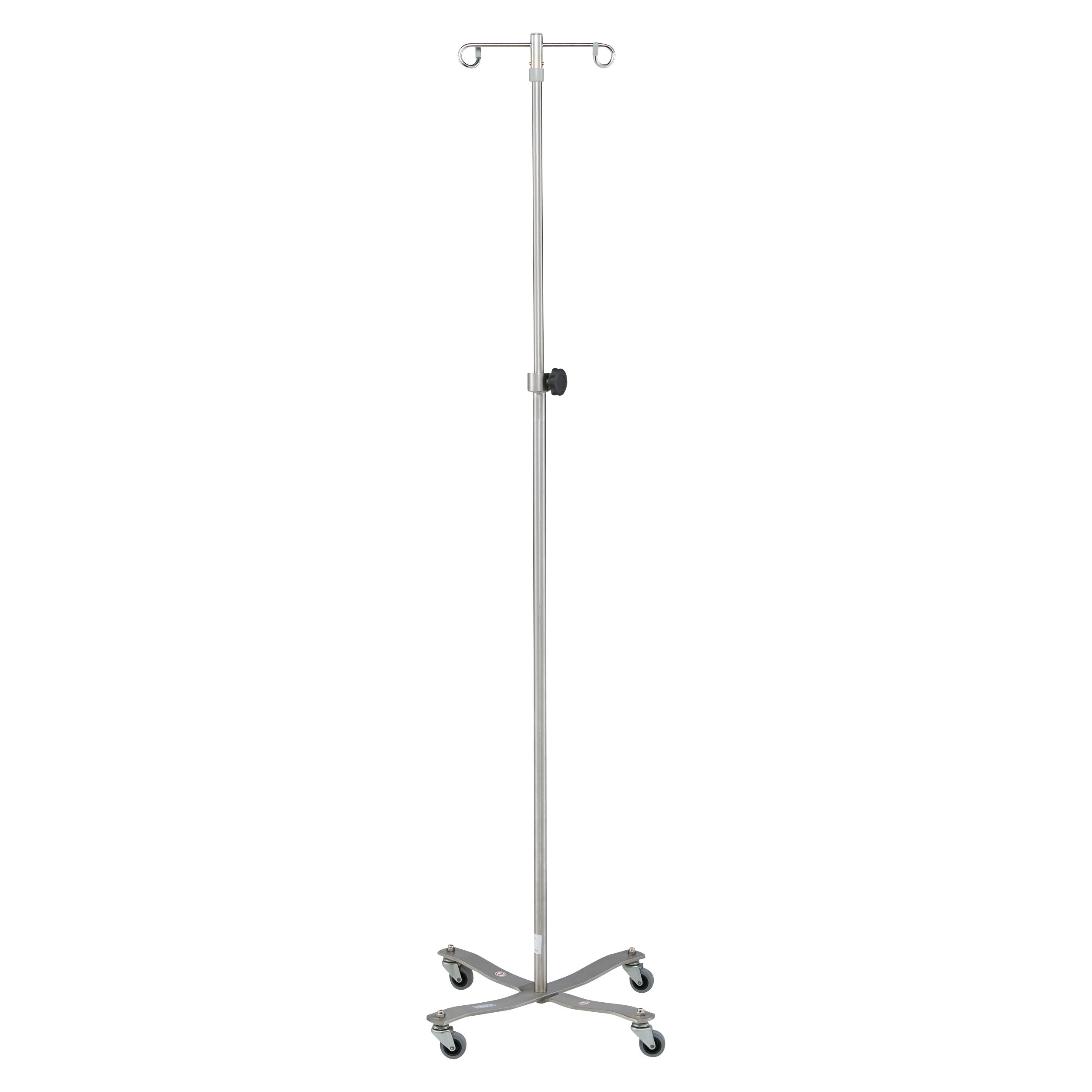 Blickman Four-Leg Stainless Steel IV Stand with Standard Base; features casters and dual hooks for medical use.