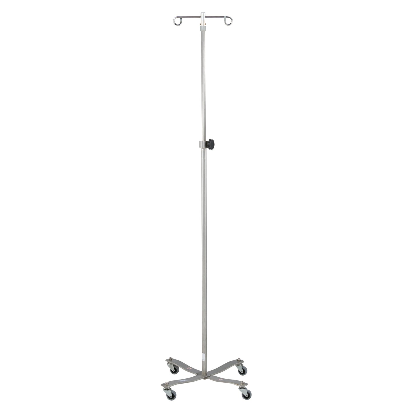 Blickman Four-Leg Stainless Steel IV Stand with Standard Base; features casters and dual hooks for medical use.