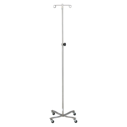 Blickman Four-Leg Stainless Steel IV Stand with Standard Base; features casters and dual hooks for medical use.