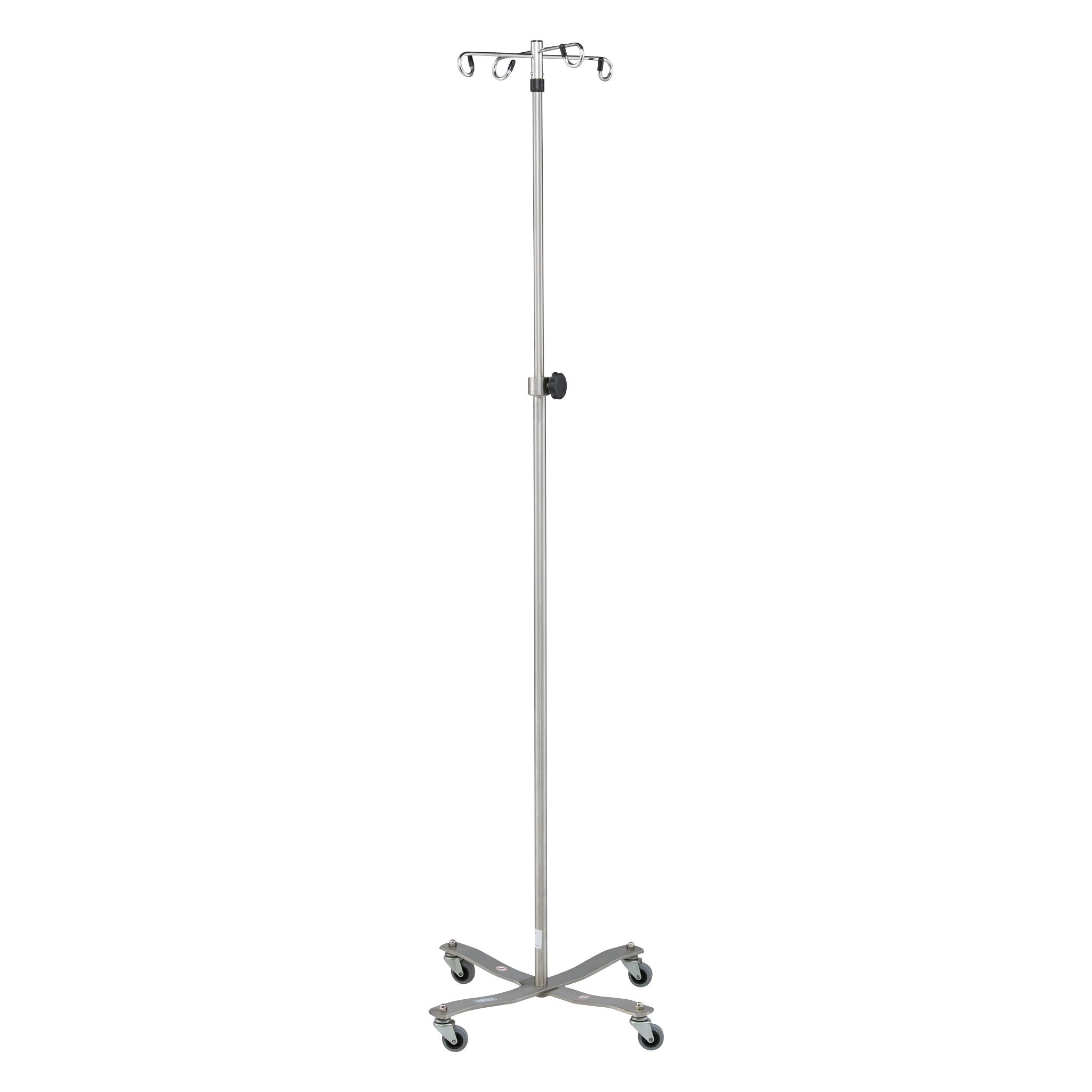 A Blickman Four-Leg Stainless Steel IV Stand with Standard Base, featuring four hooks and caster wheels for mobility.