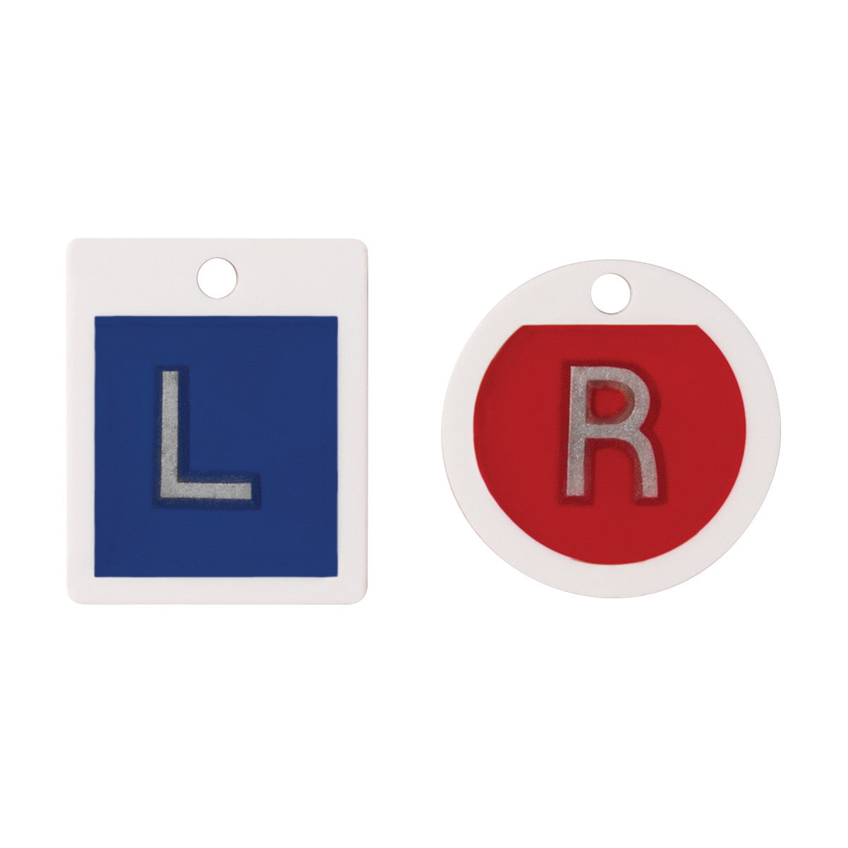 Plastic Mixed Shape Left/Right X-Ray Marker Set with a blue square "L" marker and a red circle "R" marker, both with holes.