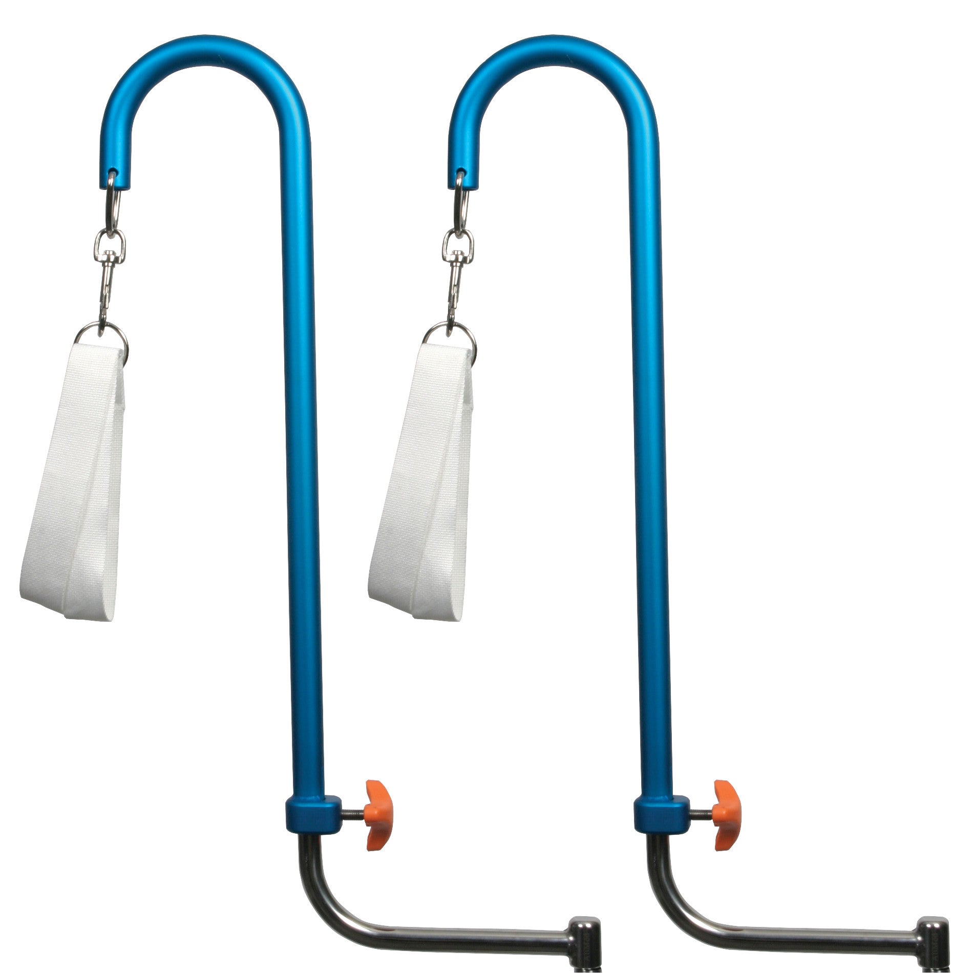 Two blue AliMed Lithotomy Holders with white straps are shown, featuring adjustable mounts and orange adjustment knobs.