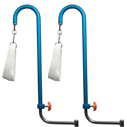 Two blue AliMed Lithotomy Holders with white straps are shown, featuring adjustable mounts and orange adjustment knobs.