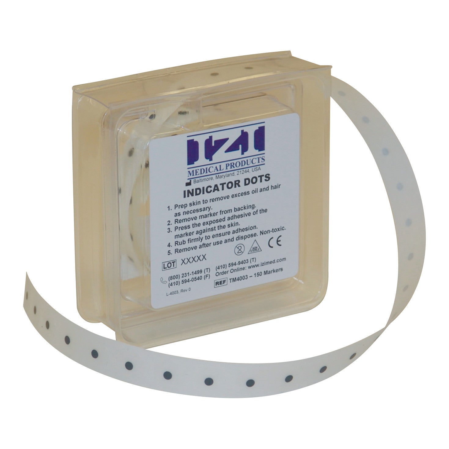 A plastic container labeled "Indicator Radiopaque Marker" holds a roll of adhesive dots, used for medical purposes.